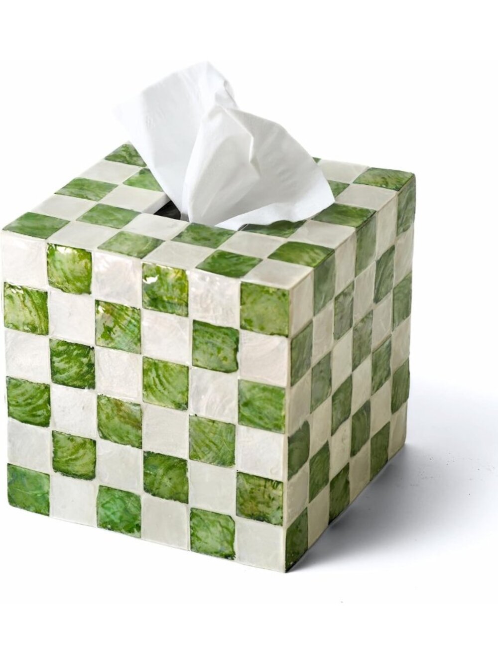 Chic 5.5” Capiz Checkered Square Tissue Box Cover in Pistachio Green - Stylish
